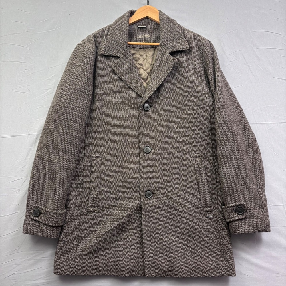 Calvin Klein Mens Herringbone Wool Blend Car Coat Brown Grey Size M RN 54163